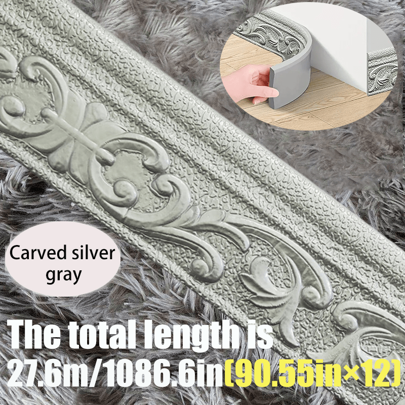 3D Self-Adhesive Foam Baseboard Wall Trim Sticker Waterproof Peel and Stick Carved Wallpaper Border Skirting for Home Decor White Silver