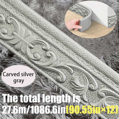 3D Self-Adhesive Foam Baseboard Wall Trim Sticker Waterproof Peel and Stick Carved Wallpaper Border Skirting for Home Decor White Silver