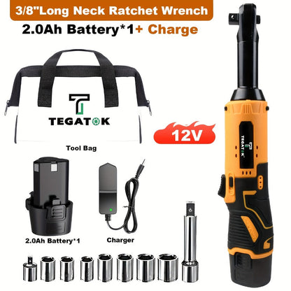 12V Cordless Ratchet Wrench Set 3/8" Drive, 40 Ft-lbs Torque, Variable Speed Trigger, Lithium-Ion Battery
