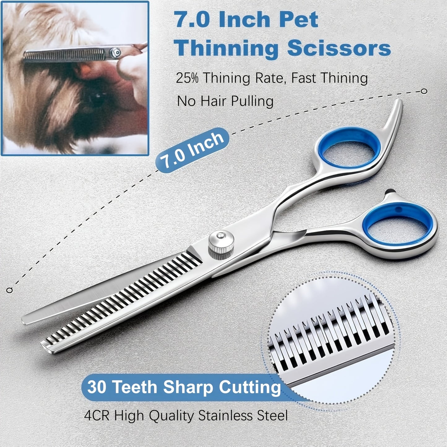 Dog Grooming Scissors Set 7-in-1 Professional Ceramic Coated Stainless Steel Safety Round Tip Straight Thinning Curved Scissors Comb Kit