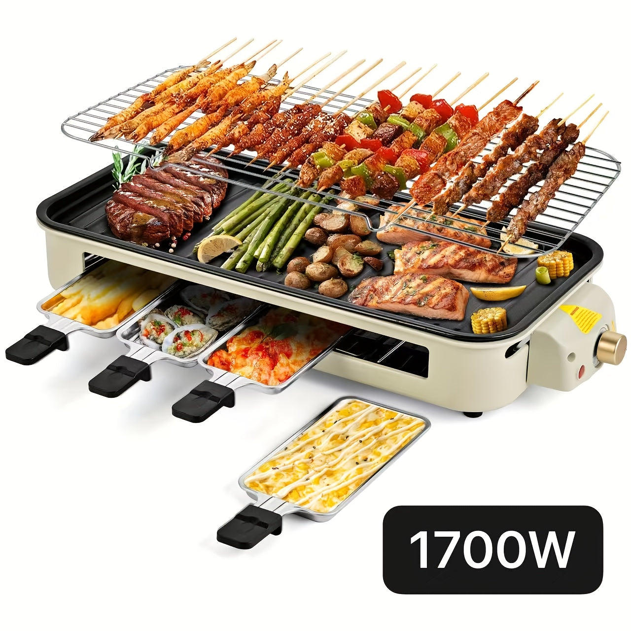 Indoor Electric Smokeless Grill 1700W with Raclette Pans, Non-Stick Plate, Portable Tabletop BBQ Griddle for Couples