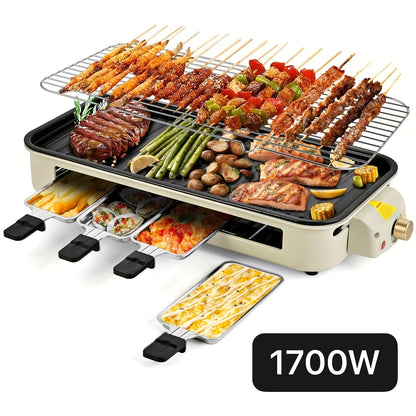 Indoor Electric Smokeless Grill 1700W with Raclette Pans, Non-Stick Plate, Portable Tabletop BBQ Griddle for Couples