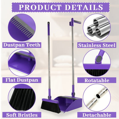 Long-Handle Broom and Dustpan Cleaning Set with Comb Teeth in Blue, Orange, White, Purple or Green