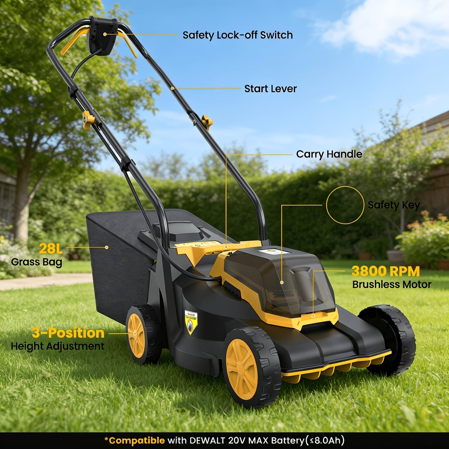 Brushless Cordless Lawn Mower 20V Compatible with Dewalt 20V MAX Battery 14-Inch 700W Pure Copper Motor for Garden, Patio and Yard Use