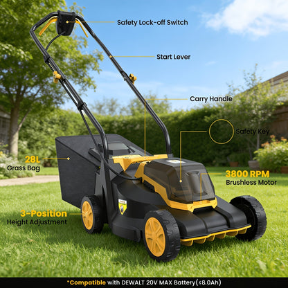 Brushless Cordless Lawn Mower 20V Compatible with Dewalt 20V MAX Battery 14-Inch 700W Pure Copper Motor for Garden, Patio and Yard Use