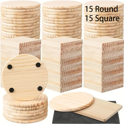 Unfinished Wood Coasters for Crafts 4 Inch Square and Round Wooden Coasters with Pad for DIY for Home Cooking, Dining and Outdoor Meals