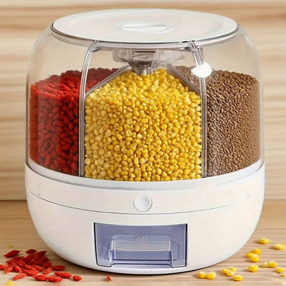 Food Storage Container Rotating Grain Dispenser with Six Compartments, Clear Dome and Front Drawer Outlet