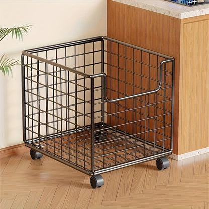 Black Rolling Metal Wire Storage Basket, 44 x 28 x 40cm with Open Front, Open Top and Four Casters