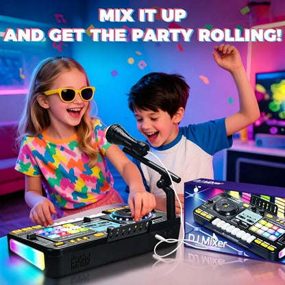 Kids DJ Mixer Toy Set with LED Lights, Microphone & Piano Keys, 100+ Sound Effects, Disco Mode, Rechargeable