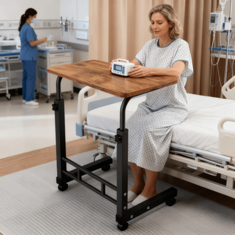 Adjustable Height Rolling Overbed Nursing Table 3-Layer Shelves Bedside Tray for Elderly for Entryways, Bedrooms and Living Spaces