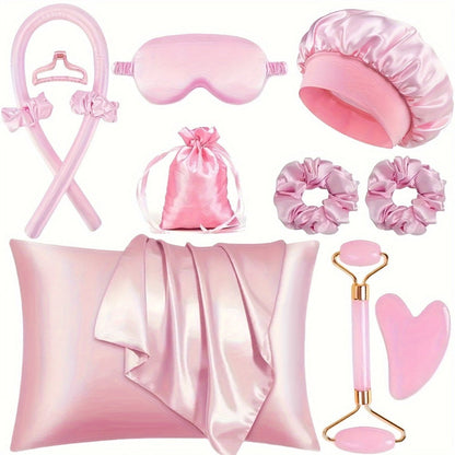 Heatless Curling Set 12pcs Overnight Sleep Hair Curlers Satin Sleep Cap Eye Mask Facial Roller Hairband Storage Bag No Heat Damage