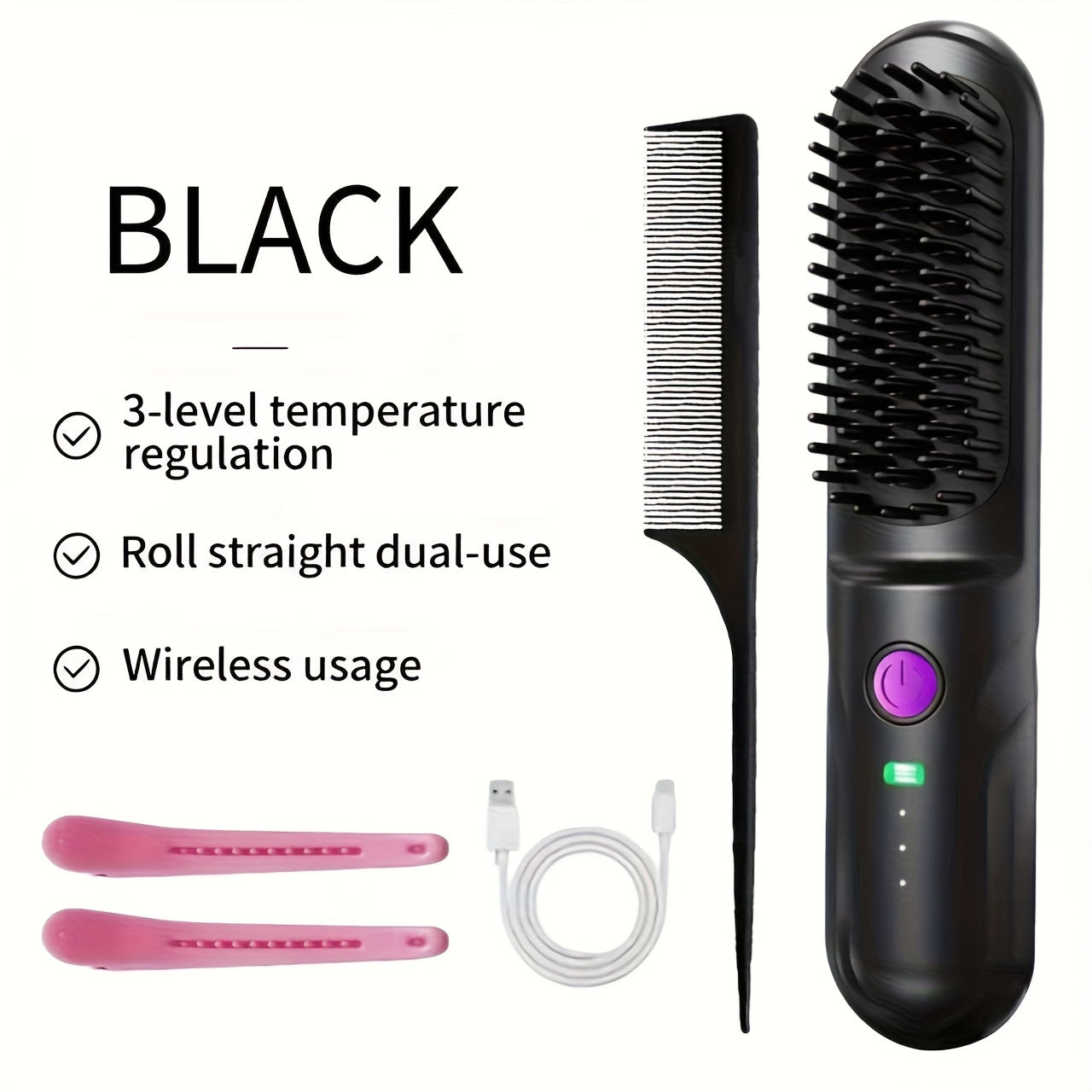 Wireless Hair Straightener Comb - Portable Cordless Straightening Brush with 3-Min Fast Heat, 3 Temp Settings 170-190°C
