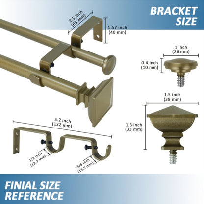 Double Curtain Rod Set with Square Urn Finials, Dual Brackets and Five Finish Options for Layered Panels