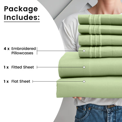 Fitted Sheet Set 6-Piece Brushed Polyester Deep Pocket Bed Sheets 20 Colors Hotel Luxury Bedding with Embroidered Pillowcases