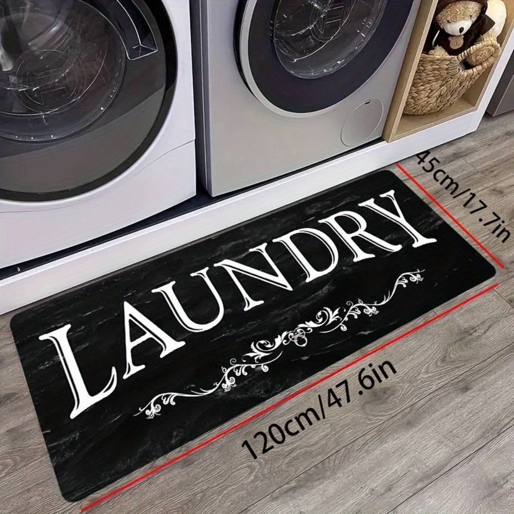 Laundry Room Mat Black & White LAUNDRY Text Non-Slip Machine Washable – Soft Polyester Cut-Pile Floor Rug for Laundry Room, Bathroom