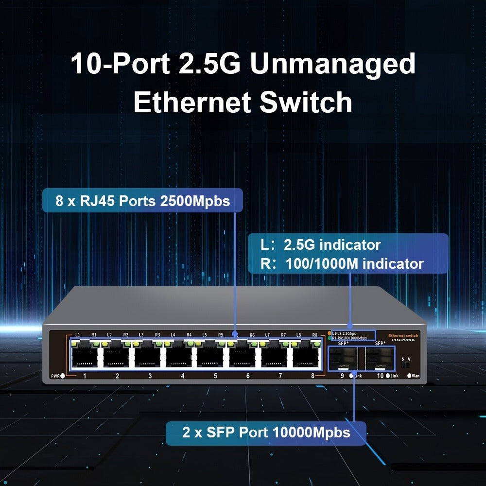 10-Port 2.5G Network Switch with 10G SFP+ Uplink - Fanless Metal Unmanaged Ethernet Switch, 8x 2.5GbE RJ45