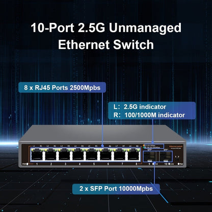 10-Port 2.5G Network Switch with 10G SFP+ Uplink - Fanless Metal Unmanaged Ethernet Switch, 8x 2.5GbE RJ45