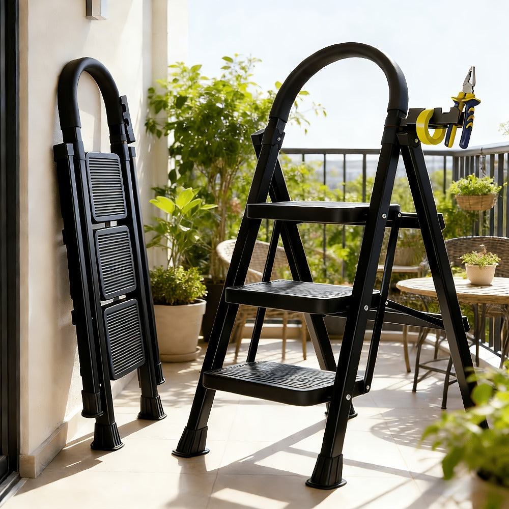 Folding Step Stool Ladder Steel with Anti-Slip Wide Treads & Handrails, Safety Lock, Portable Multi-Step Ladder for Home