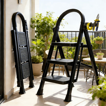 Folding Step Stool Ladder Steel with Anti-Slip Wide Treads & Handrails, Safety Lock, Portable Multi-Step Ladder for Home