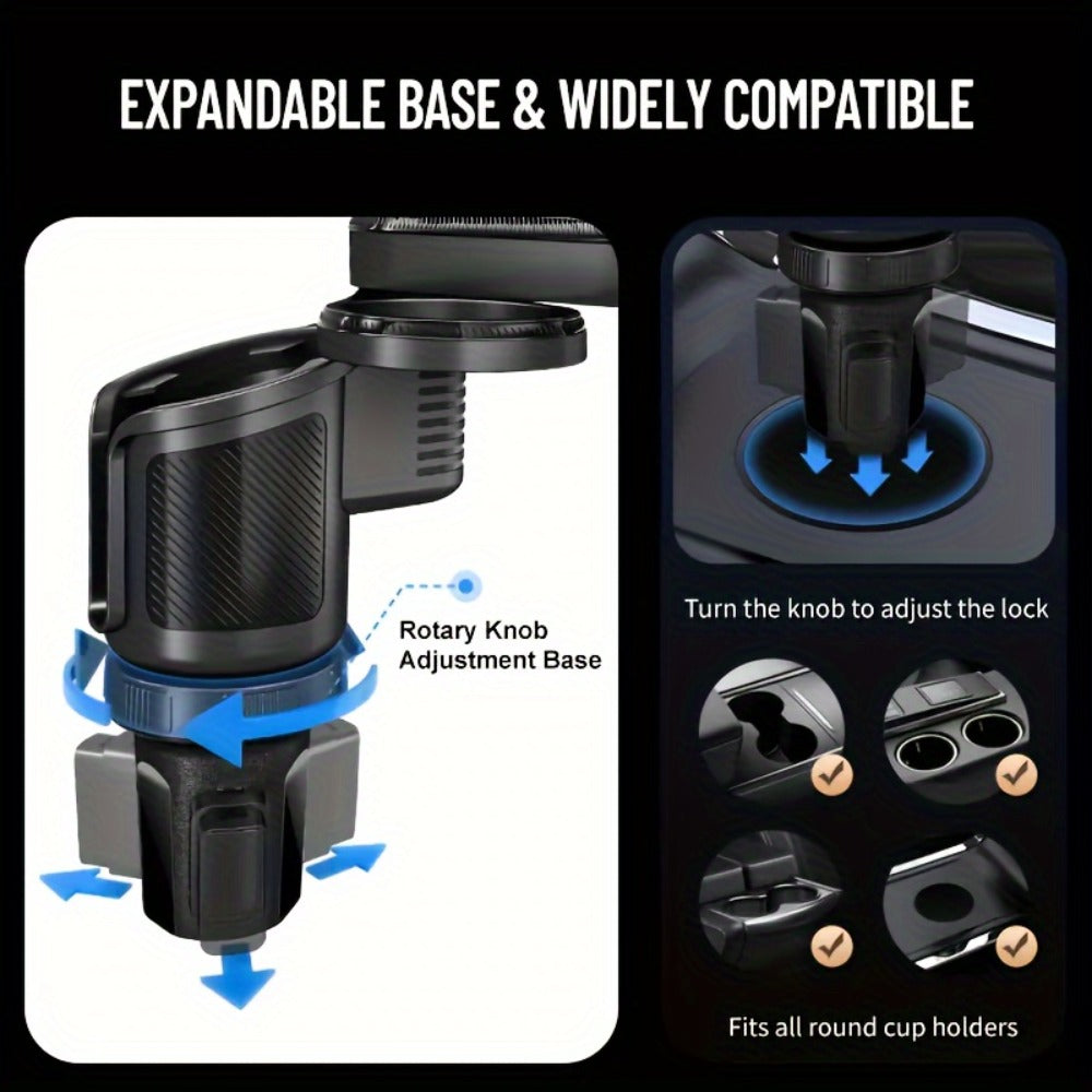 Car Cup Holder Expander with 7.7 Inch Tray, 2.7 Inch Drink Ring, Phone Mount and 58-86 mm Adjustable Base