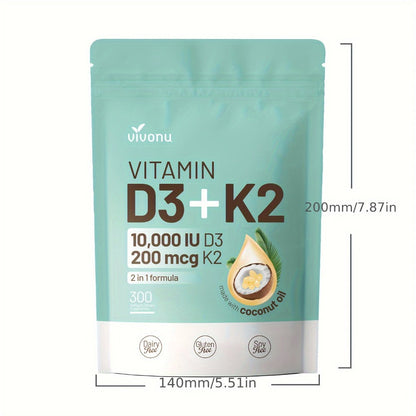 Vitamin D3 K2 Softgels with Coconut Oil, 2-in-1 Premium Bone, Heart & Immune Support Formula for Women & Men