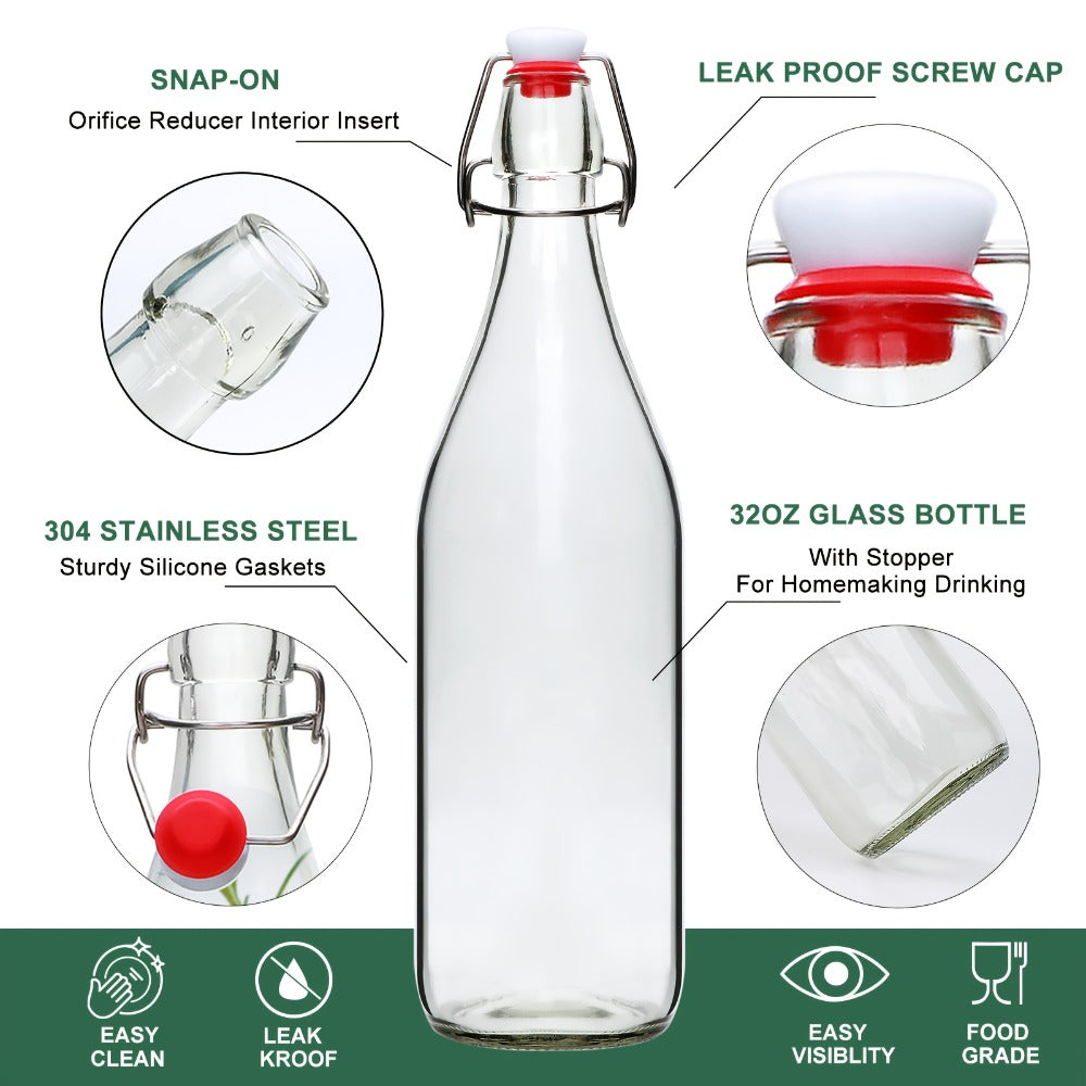 Swing Top Glass Bottles 32oz with Airtight Stopper - Flip Top Brewing Bottles for Kombucha for Entryways, Bedrooms and Living Spaces