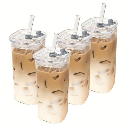 Square Glass Cup Drinkware Set, 13oz Clear Cups with Lids, Straws and Cleaning Brush in 4, 6 or 8 Pieces