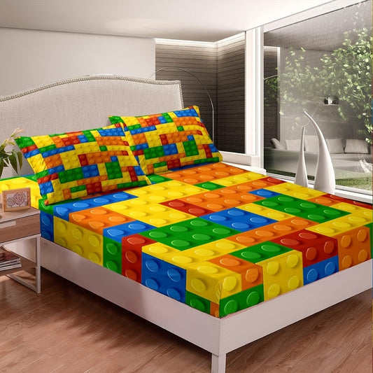 Bed Sheet Set 3- or 4-Piece Colorful Building Block Print with Four Sizes and Machine-Washable Care