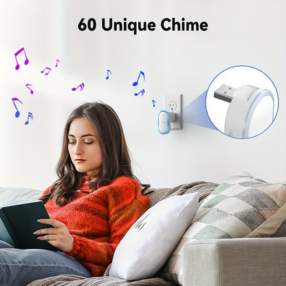 USB Plugin Wireless Doorbell Kit with 60 Melodies, 5 Volume Levels & Colorful LED Indicator, 1000ft Range