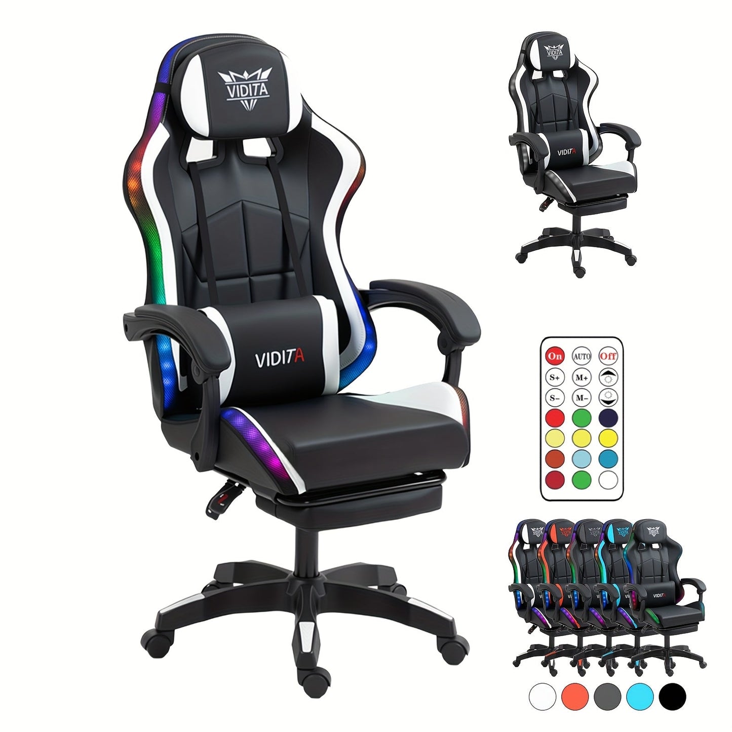RGB Gaming Chair with LED Lights Footrest Ergonomic Gaming Chair with Massage Lumbar Support Reclining Video Game Chair for Adults Home