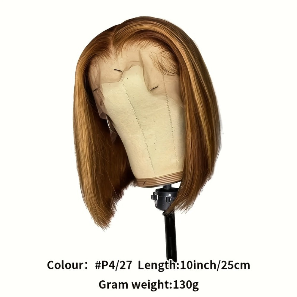 Lace Front Wig P4/27 Honey-Highlight Straight Bob, 8-14 Inch Human Hair with 5x1 Front and 180% Density