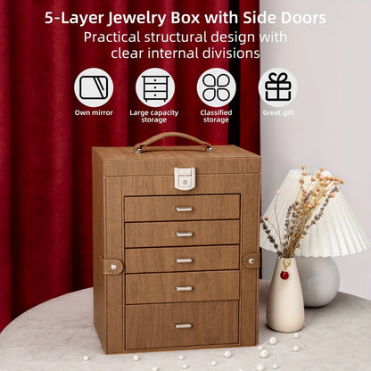 Jewelry Organizer 6-Tier Brown Storage Box with 5 Drawers, Built-In Mirror and Key-Lock Closure