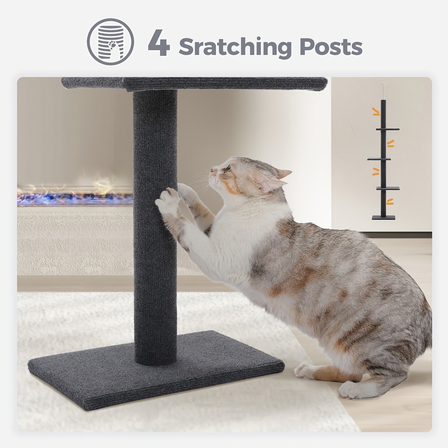 Floor to Ceiling Cat Tree Tower 90–107" – 4-Tier Tall Adjustable Cat Climbing Post with Tension Rod | Ceiling-Mounted Stable Cat Activity