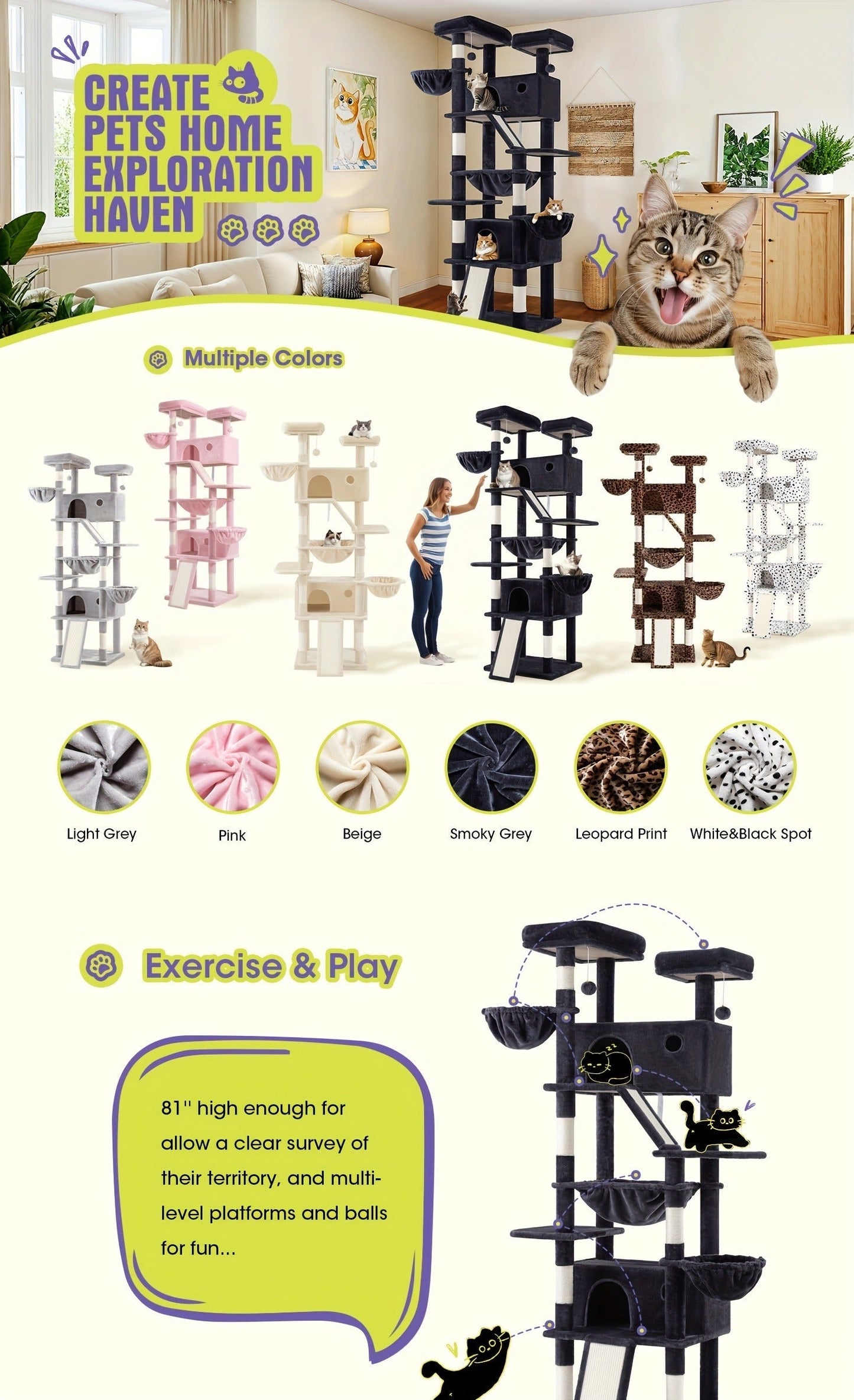 Multi-Level Cat Tree in 36-, 65-, 68- or 81-Inch Heights with Perches, Condo, Hammock and 30 Color, Pattern or Layout Options