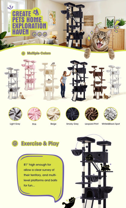 Multi-Level Cat Tree in 36-, 65-, 68- or 81-Inch Heights with Perches, Condo, Hammock and 30 Color, Pattern or Layout Options