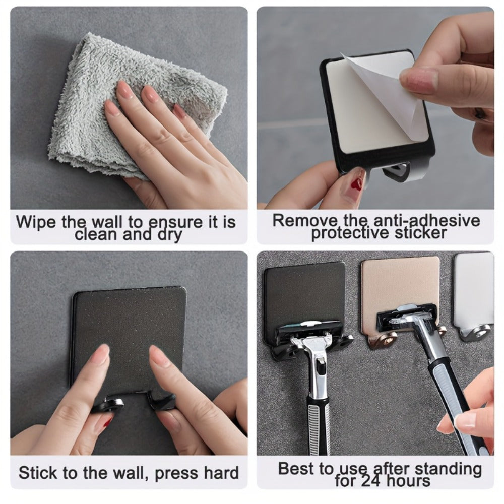 Wall-Mounted Razor Holder 5-Piece Set with Twin Hooks, Adhesive Backing and Silver or Black Options