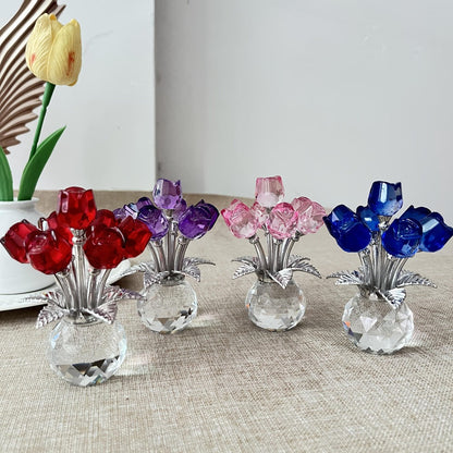 Glass Rose Sculpture Floral Home Decor – Sparkling Leaves Art Figurine for Bedroom, Living Room, Valentine's Day Gift