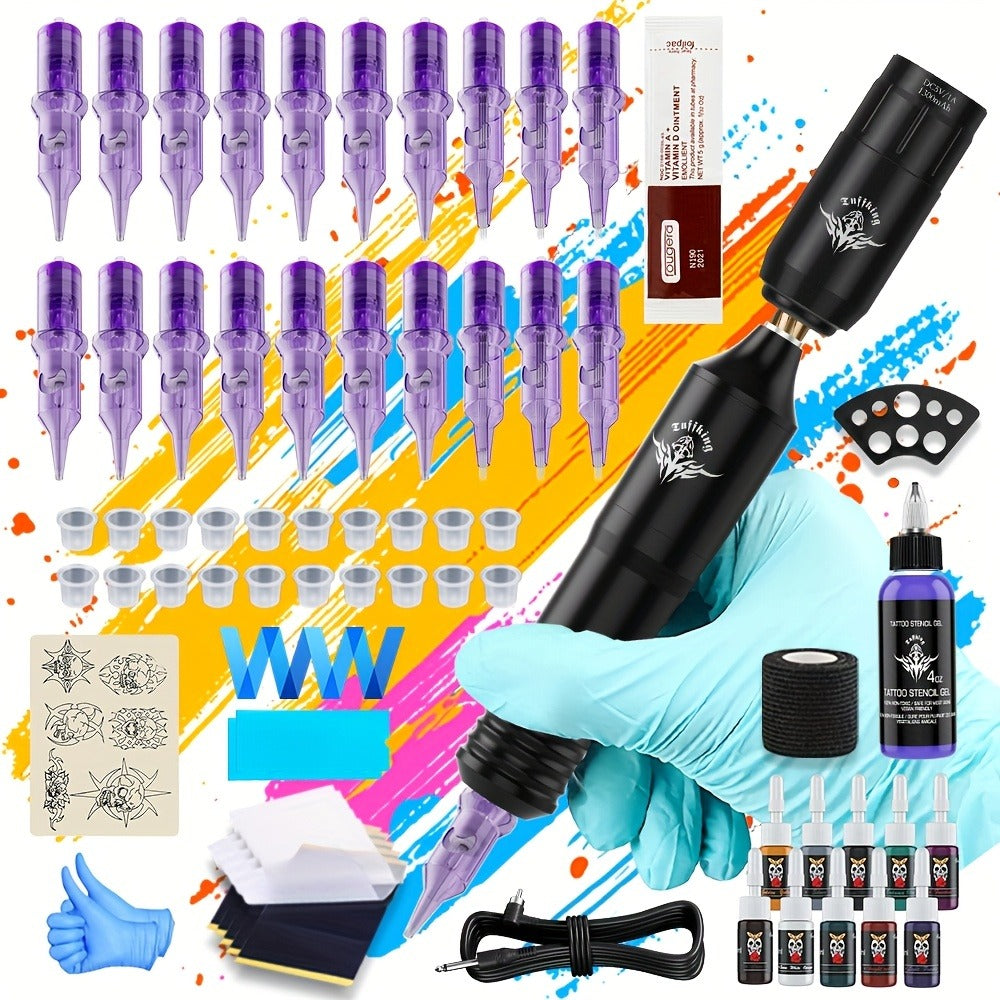 Rotary Tattoo Machine Kit 67pcs, Complete Wireless Tattoo Pen Set with Cartridge Needles, Power Supply