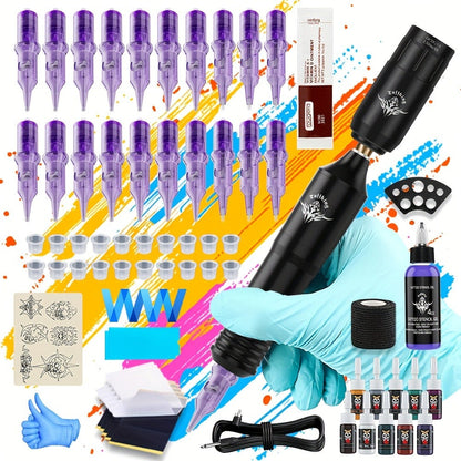 Rotary Tattoo Machine Kit 67pcs, Complete Wireless Tattoo Pen Set with Cartridge Needles, Power Supply