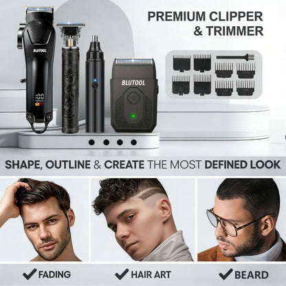 Hair Clipper & Trimmer Set 4-Piece for Men – Professional Barber Kit with Nose Trimmer, Detail Trimmer, Guide Comb