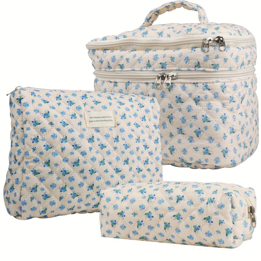 Makeup Bag Three-Piece Quilted Cotton Dual-Layer Floral Pouch Set for Travel, Vanity and Everyday Beauty Storage