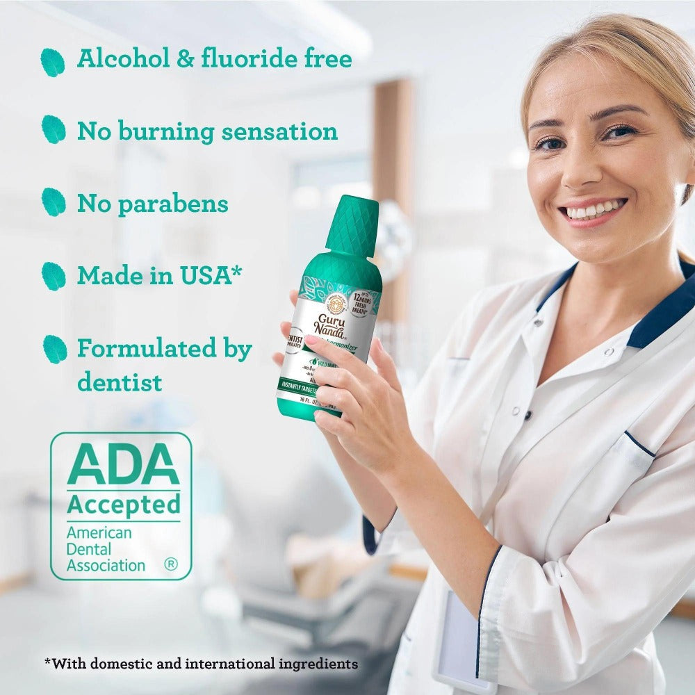 GuruNanda Alcohol Free Mouthwash 2 Pack 16 oz Each Fluoride Free Oral Rinse with 8 Essential Oils Sodium