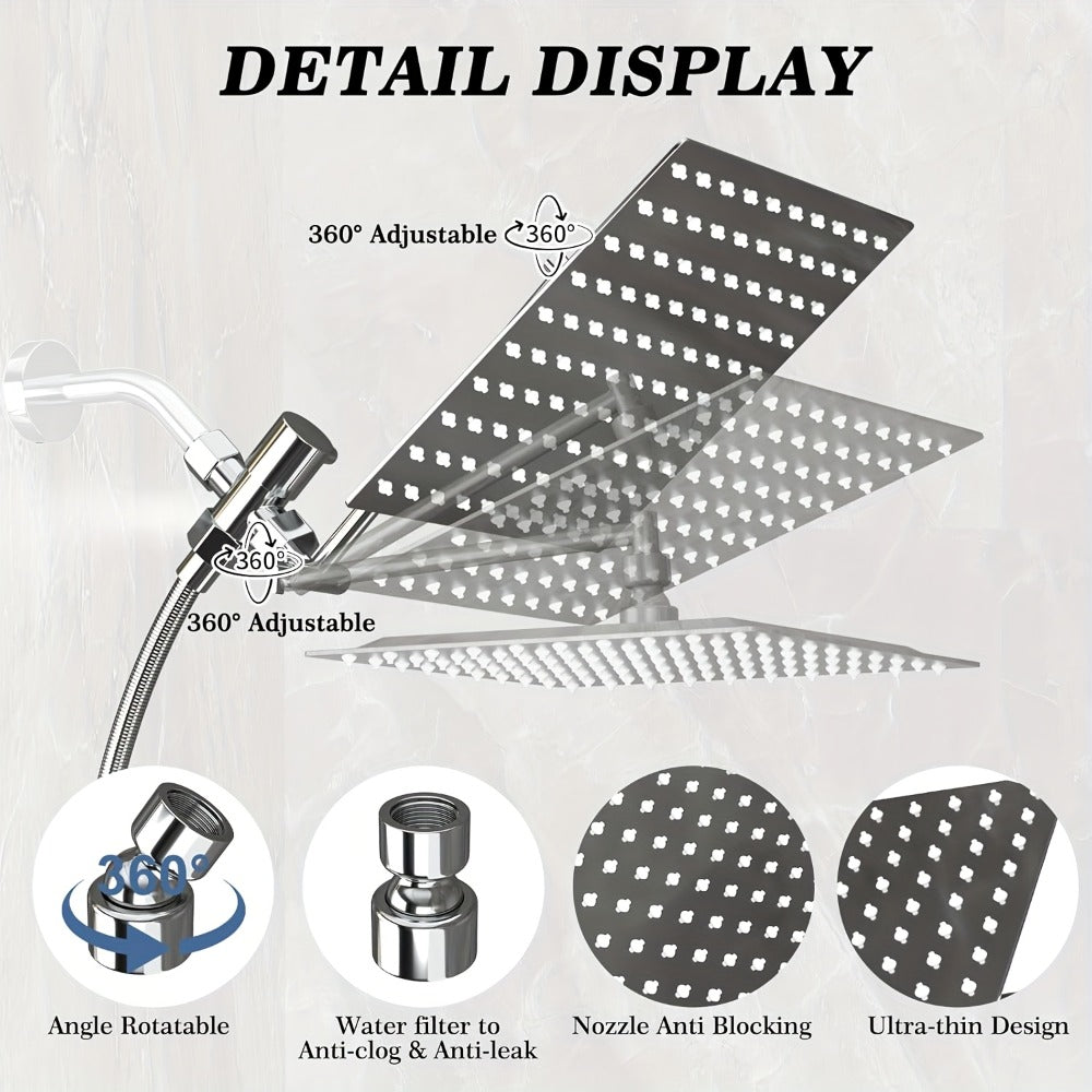 High Pressure Rainfall Handheld Shower Head Combo, 11-Inch Extension Arm, 9 Settings, 180° Adjustable, Anti-Leak with Holder