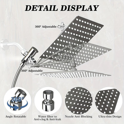 High Pressure Rainfall Handheld Shower Head Combo, 11-Inch Extension Arm, 9 Settings, 180° Adjustable, Anti-Leak with Holder