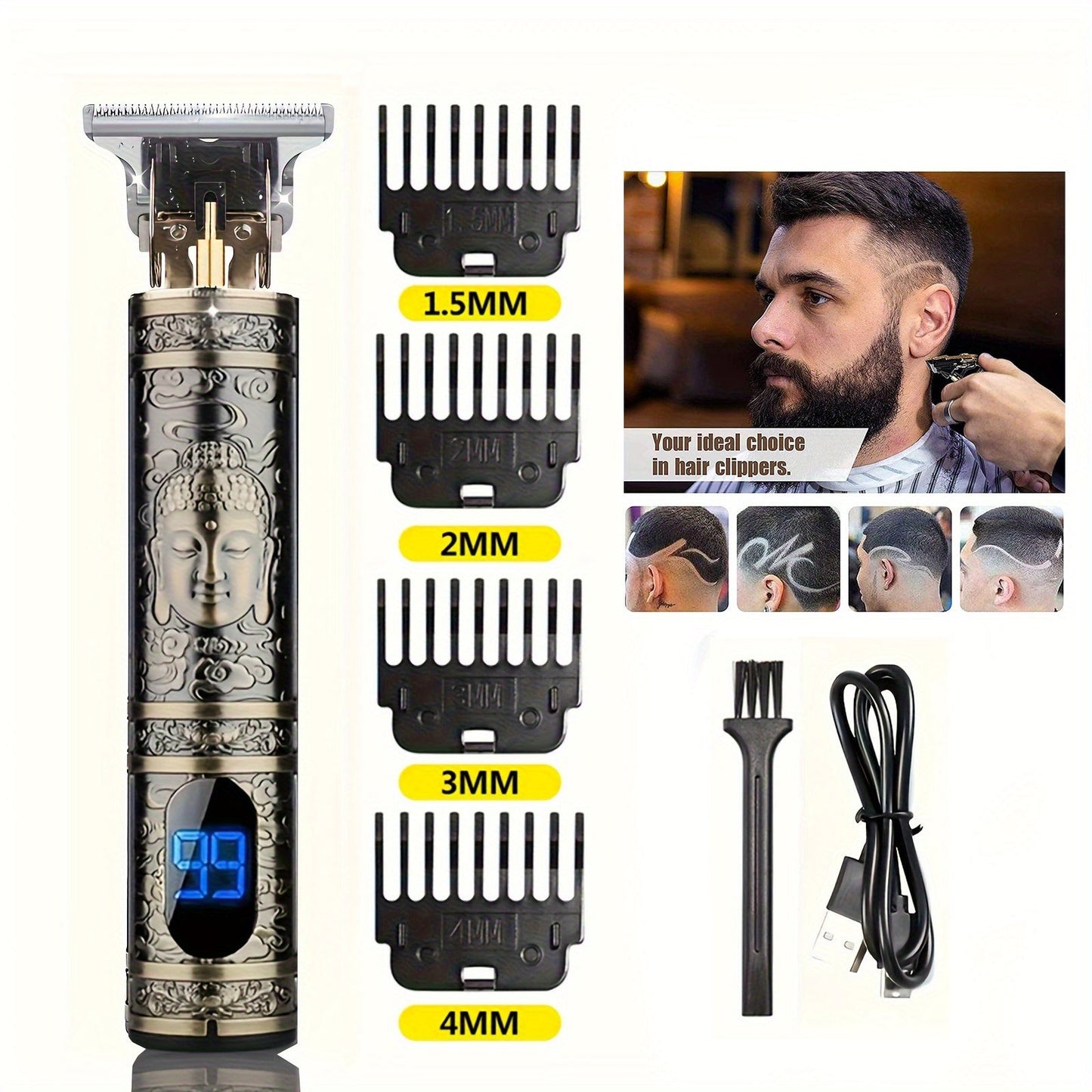 Hair Clippers & Trimmers Vintage Gold T-Blade Model with LCD Display, USB Charging and Three Etched Designs