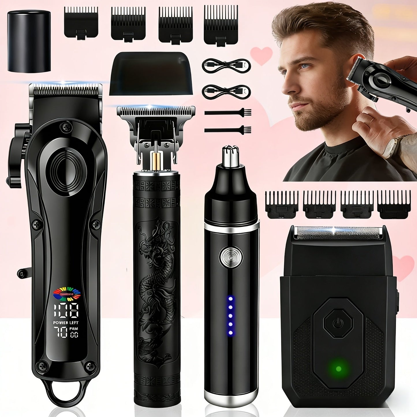 Men's Grooming Set USB Rechargeable Hair Clipper Electric Shaver Nose Ear Hair Trimmer for Everyday Face, Beard and Body Grooming