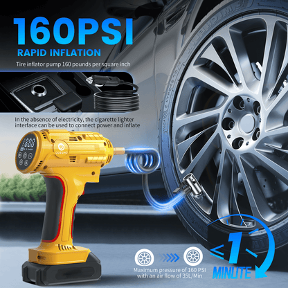 Portable Air Pump Inflator 160PSI – Auto Shut-Off, 35L/min, Dual Power (Battery/12V Car), Digital Gauge, 3-Mode LED Light for Car Tires