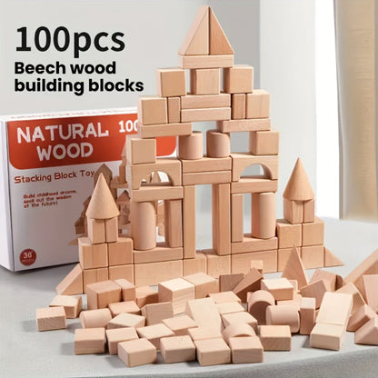 Natural Beech Wood Blocks 100 Piece Unpainted Solid Wooden Building Set, STEM Logical Thinking Toy for Kids Ages 3-12