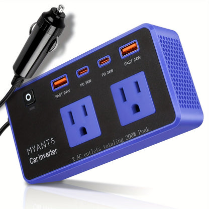 200W Car Power Inverter DC 12V to 110V AC with PD 24W USB-C Port, Dual USB & QC3.0 Fast Charging, Multi-Protection Car Charger Adapter