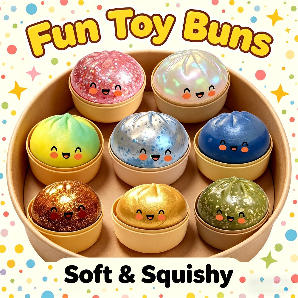 Three-Piece Random Glitter Dumpling Squishy Set with Stretchy Figures in Steamer-Style Containers